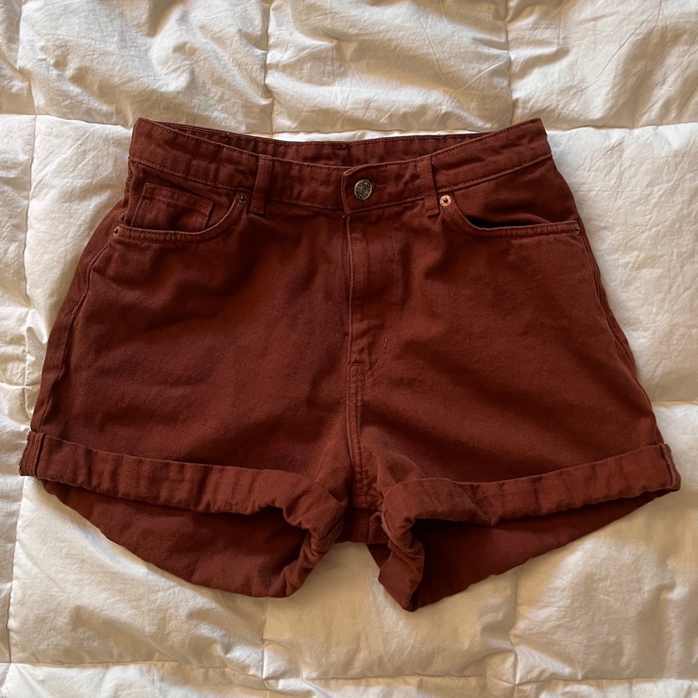 Monki Tallie Women's 100% organic Cotton Brown High-Waisted Mom Shorts Size 29